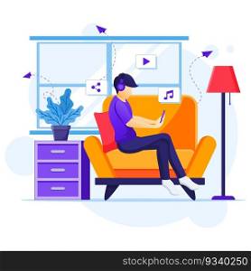 Work from home concept, A man sitting on sofa listening music, stay at home on quarantine during the Coronavirus Epidemic illustration