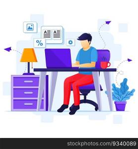 Work from home concept, A man work on laptop, stay at  home on quarantine during the Coronavirus Epidemic illustration