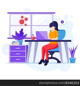 Work from home concept, A woman sitting at desk and work on laptop, stay at home, Quarantine during the Coronavirus Epidemic illustration