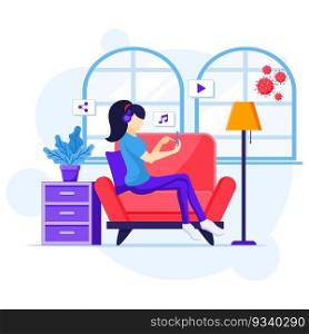 Work from home concept, A woman sitting on sofa listening music, stay at home on quarantine during the Coronavirus Epidemic illustration