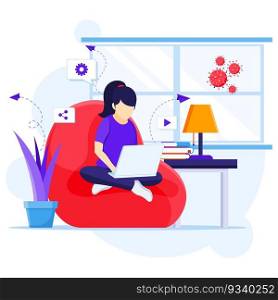 Work from home concept, A woman sitting on sofa using laptop, stay at home on quarantine during the Coronavirus Epidemic illustration