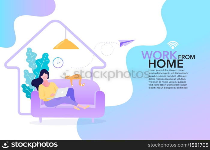 Work from home concept. Stay home. Social media or network promotion. influencer marketing concept - blogger promotion services and goods for his followers online. Flat vector illustration.