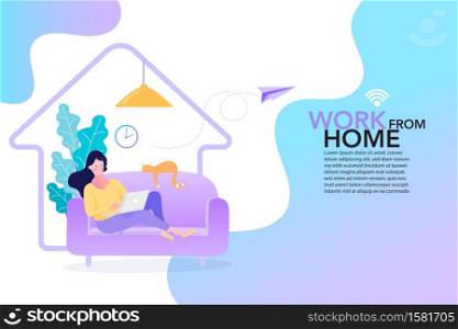 Work from home concept. Stay home. Social media or network promotion. influencer marketing concept - blogger promotion services and goods for his followers online. Flat vector illustration.