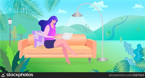 Work from home concept. Stay home. Social media or network promotion. influencer marketing concept - blogger promotion services and goods for his followers online. Nature background. Flat vector.