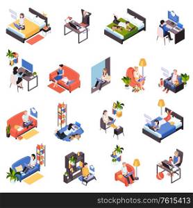 Work from home isometric icons set with distant teamwork remote time management messaging from bed vector illustration