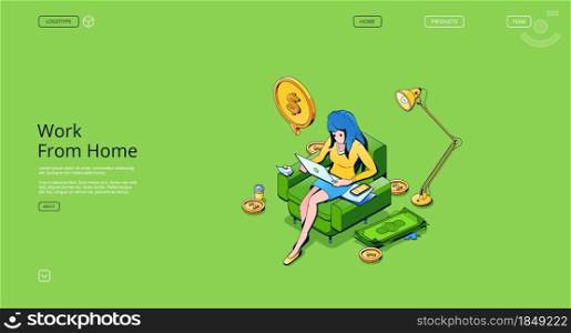 Work from home isometric landing page. Woman freelancer working on laptop sitting on armchair at domestic office. Distant workplace for businesswoman, analyst, designer, 3d vector line art web banner. Work from home isometric landing page, freelancer