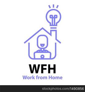 Work from home logo design illustration. A happy human work with laptop at home and getting creativity idea.