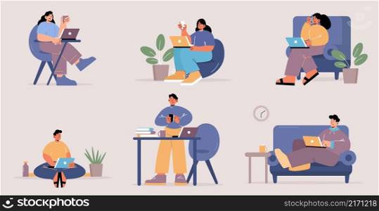Work from home, set of people with laptops. Freelance, self-employment concept. Freelancers or outsourced remote workers with computers sit at desk or sofa in room, Line art flat vector illustration. Work from home, set of people with laptops at home