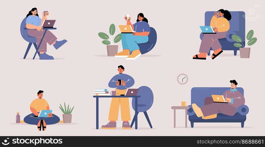 Work from home, set of people with laptops. Freelance, self-employment concept. Freelancers or outsourced remote workers with computers sit at desk or sofa in room, Line art flat vector illustration. Work from home, set of people with laptops at home