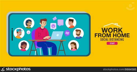 Work from home, social distancing, online, office ,vector flat design.