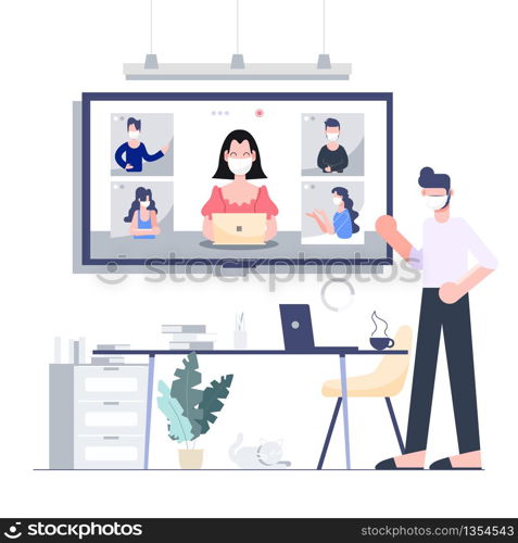 Work from home stay at home teleconference for business locked down. People wearing mask. Covid-19 coronavirus outbreak concept. Flat design abstract people vector EPS10.