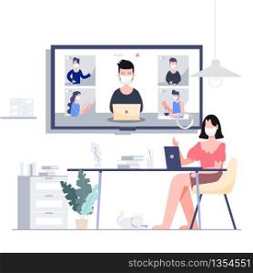 Work from home stay at home teleconference for business locked down. People wearing mask. Covid-19 coronavirus outbreak concept. Flat design abstract people vector EPS10.