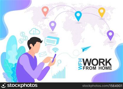 work from home, stay at home, Worldwide cooperation and business network. Line art characters, vector in flat, EPS10.