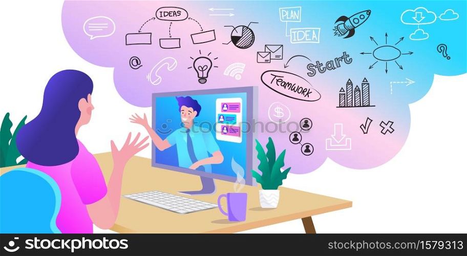Work from home video conferencing. Remote team work. woman having video call meeting with clients at home. vector employee talk on video call on laptop with colleagues.