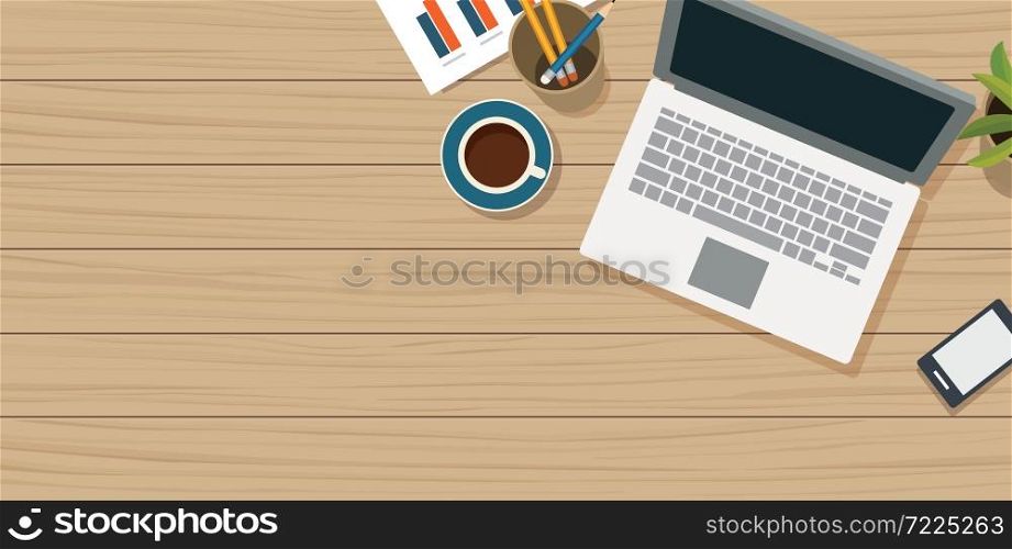 Work from home with wooden table and small office equipment.
