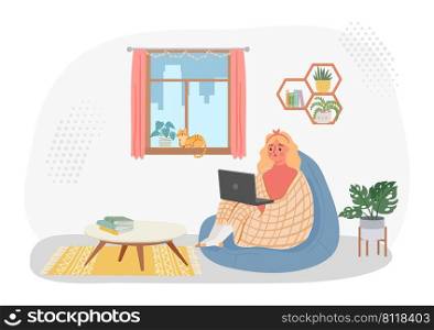 Work from home, woman in chair with laptop. Vector woman freelance cartoon, character sitting online, employee on workplace with laptop illustration. Work from home, woman in chair with laptop