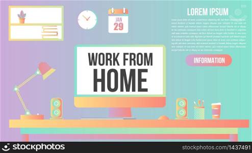 Work from home working desk at home.Modern flat vector colourful pastel template with background concept digital illustration home office metaphor, a freelancer working at home coronavirus Pandemic.