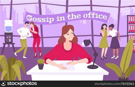 Work gossip flat composition with office scenery and cartoon characters of coworkers talking with each other vector illustration