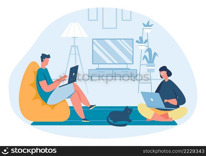 Work home freelance. Young man and woman working on laptop. Man sitting in chair in living room. Comfortable lifestyle in cozy interior. Remote workplace in house with cat pet vector. Work home freelance. Young man and woman working on laptop. Man sitting in chair in living room. Comfortable lifestyle