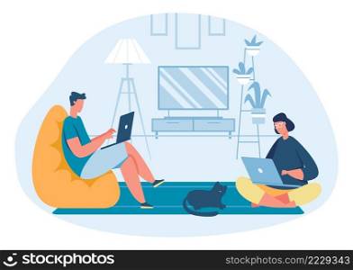 Work home freelance. Young man and woman working on laptop. Man sitting in chair in living room. Comfortable lifestyle in cozy interior. Remote workplace in house with cat pet vector. Work home freelance. Young man and woman working on laptop. Man sitting in chair in living room. Comfortable lifestyle