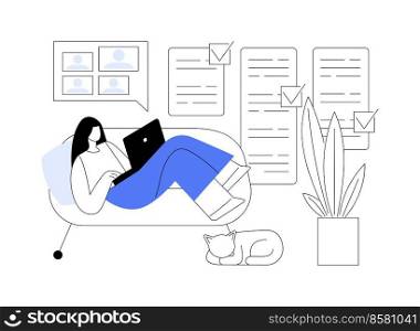 Work home office abstract concept vector illustration. Online virtual desk, quarantine distance work, office job from home, communication management tool, team digital meeting abstract metaphor.. Work home office abstract concept vector illustration.