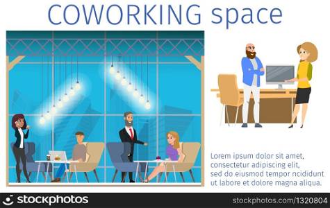 Work in Creative Freelance Shared Workspace Banner. Smiling Young Character Working by Laptop, Making Conversation, Meeting in Modern Open Coworking Space. Flat Cartoon Vector Illustration. Work in Creative Freelance Shared Workspace Banner