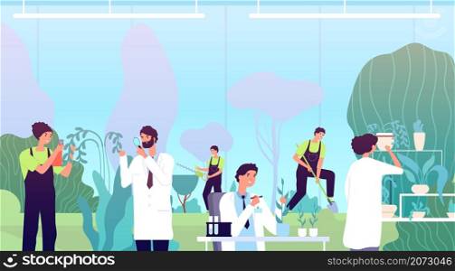 Work in greenhouse. Herbs scientist, people in garden with equipment. Botany or biology research, blooming growth testing vector concept. Illustration greenhouse and agricultural. Work in greenhouse. Herbs scientist, people in garden with equipment. Botany or biology research, blooming growth testing vector concept