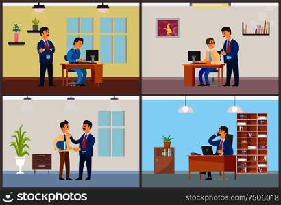 Work in office daily routine, boss and employee. Worker control and good job, working task and phone negotiations, interior vector illustrations.. Work in Office Daily Routine, Boss and Employee