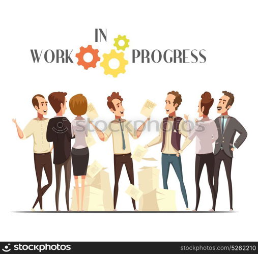 Work In Progress Concept. Work in progress concept with meeting and creative thinking symbols cartoon vector illustration