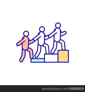 Work in teams RGB color icon. Colleague going on career ladder. Group of people achieve shared goal. Helping workers for newbies. New worker and employee adaptation. Isolated vector illustration. Work in teams RGB color icon
