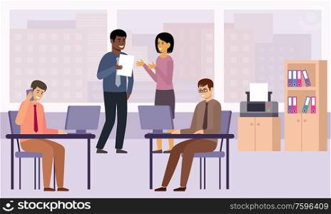 Work in the office. Businessmen and businesswomen discuss working issues. Successful team in coworking space. Vector flat illustration.