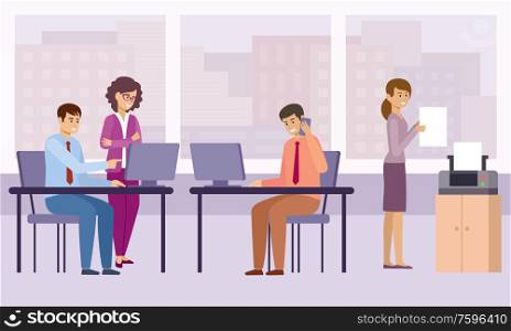 Work in the office. Businessmen and businesswomen discuss working issues. Successful team in coworking space. Vector flat illustration.