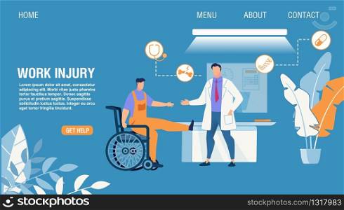 Work Injury Diagnosis and Treatment Online Service Landing Page. Cartoon Doctor Consulting and Examining Patient with Leg Trauma Sitting in Wheelchair. Emergency Help. Vector Flat Illustration. Work Injury Treatment Online Service Landing Page