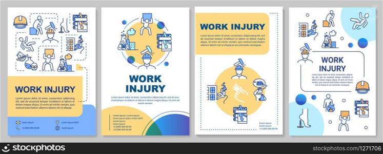 Work injury, industrial traumatism brochure template. Flyer, booklet, leaflet print, cover design with linear icons. Vector layouts for magazines, annual reports, advertising posters