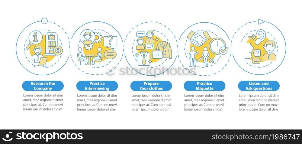 Work interview preparation vector infographic template. Presentation outline design elements. Data visualization with 5 steps. Process timeline info chart. Workflow layout with line icons. Work interview preparation vector infographic template