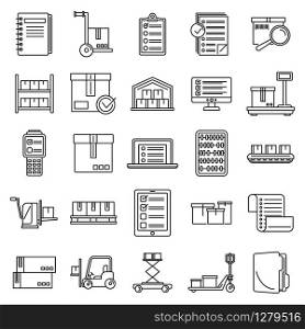 Work inventory icons set. Outline set of work inventory vector icons for web design isolated on white background. Work inventory icons set, outline style