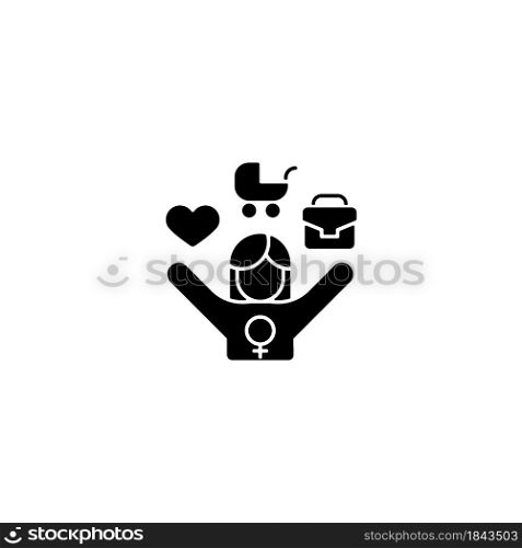 Work-life balance for female employee black glyph icon. Full-time working mom. Balancing job and family life. Double standard. Silhouette symbol on white space. Vector isolated illustration. Work-life balance for female employee black glyph icon
