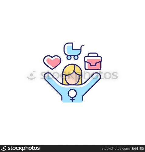 Work-life balance for female employee RGB color icon. Full-time working mom. Balancing job and family life. Double standard. Executive women. Isolated vector illustration. Simple filled line drawing. Work-life balance for female employee RGB color icon