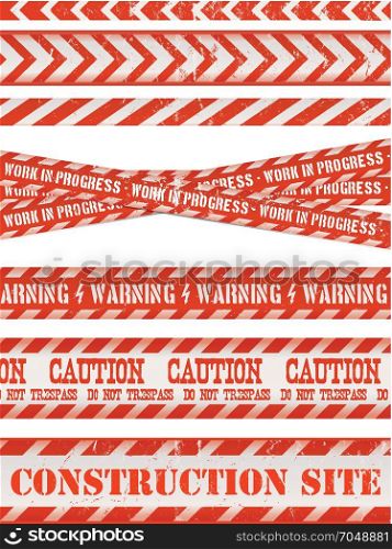 Work Line, Under Construction Site And Red And Blue Tapes. Illustration of a set of grunge work and do not cross lines, danger sign, under contruction warning tapes