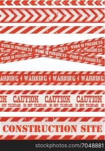 Work Line, Under Construction Site And Red And Blue Tapes. Illustration of a set of grunge work and do not cross lines, danger sign, under contruction warning tapes