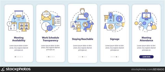 Work locations and schedules onboarding mobile app screen. Walkthrough 5 steps editable graphic instructions with linear concepts. UI, UX, GUI template. Myriad Pro-Bold, Regular fonts used. Work locations and schedules onboarding mobile app screen