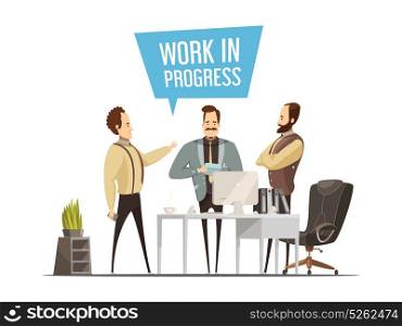 Work Meeting Cartoon Style Design. Work meeting design in cartoon style with standing men around office table during communication vector illustration