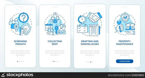 Work of property agent blue onboarding mobile app screen. Works walkthrough 4 steps graphic instructions pages with linear concepts. UI, UX, GUI template. Myriad Pro-Bold, Regular fonts used. Work of property agent blue onboarding mobile app screen