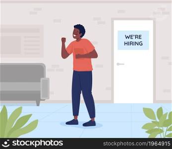 Work offer flat color vector illustration. Successfuly filled in work vacancy. New employee. Accepted for work position. Excited man 2D cartoon characters with office interior on background. Work offer flat color vector illustration