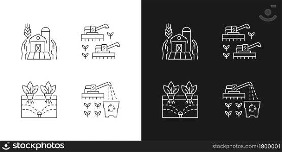 Work on farm linear icons set for dark and light mode. Chemical free goods production. Food quality control. Customizable thin line symbols. Isolated vector outline illustrations. Editable stroke. Work on farm linear icons set for dark and light mode