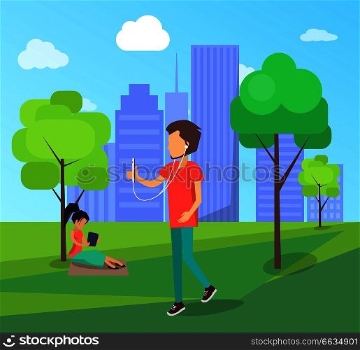 Work on fresh air conceptual vector banner with woman working on laptop sitting on lawn under tree, male walking and communicating via smartphone. Work on Fresh Air Conceptual Vector Banner People