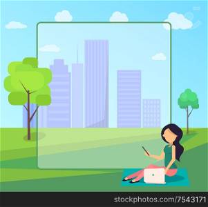 Work on fresh air conceptual vector web banner with place for text. Woman working on laptop sitting on lawn, freelancer with notebook in city park. Work on Fresh Air Vector Banner Woman with Laptop