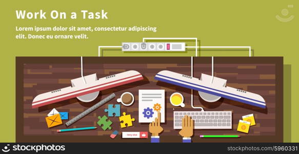 Work on task design flat style. Project business, office and hand, job and management, paper document, strategy and process, busy and organize, workplace organization illustration