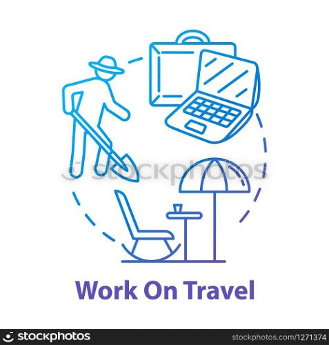 Work on travel concept icon. Vacation job, affordable tourism idea thin line illustration. Budget vacation. Seasonal side job on holidays. Vector isolated outline RGB color drawing