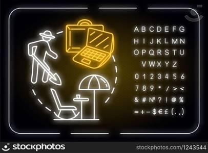Work on travel neon light concept icon. Vacation job, affordable tourism idea. Budget tourism. Outer glowing sign with alphabet, numbers and symbols. Vector isolated RGB color illustration